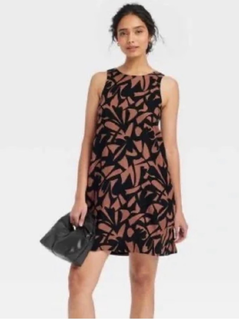 Sleeveless Black & Brown Abstract Print Swing Dress